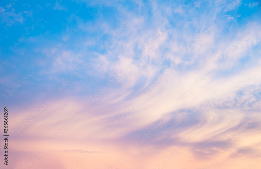 soft blue sunset sky with light pink clouds - obrazy, fototapety, plakaty 