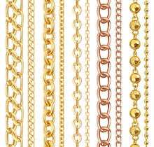 Set Of Realistic Vector Golden Shiny Chains. Vector Illustration Of Gold Metal Necklace Isolated On White Background