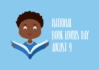 National Book Lovers Day vector. Little reader with book vector. African american boy reading a book vector. Boy with book cartoon character. Student with book icon. Book Lovers Day Poster, August 9