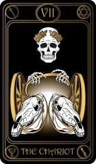 The Chariot. The 7th card of Major arcana black and gold tarot cards. Vector hand drawn illustration with skulls, occult, mystical and esoteric symbols.