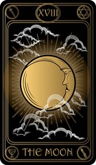 The Moon. The 18th card of Major arcana black and gold tarot cards. Vector hand drawn illustration with skulls, occult, mystical and esoteric symbols.