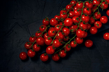 A few trusses of red wet cherry tomatoes on a dark textured background. Space for text. Top view.