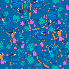 Kingfisher Seamless Pattern On A Blue Background. Vector Graphics.