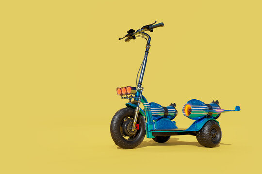 3d rendering of the blue three wheels electric scooter with a turbojet engine and wing on pale yellow background.