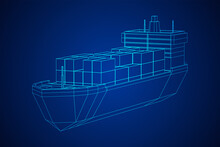 Heavy Dry Cargo Ship Of Bulk Carrier With Freight Containers. Wireframe Low Poly Mesh Vector Illustration.