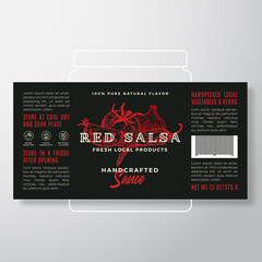 Wall Mural - Handcrafted Vegetables Salsa Sauce Label Template. Abstract Vector Packaging Design Layout. Modern Typography Banner with Hand Drawn Tomato, Chily Pepper and Garlic Silhouettes Background.