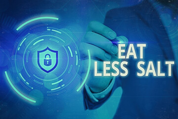 Wall Mural - Word writing text Eat Less Salt. Business photo showcasing reducing the sodium intake on the food and beverages Graphics padlock for web data information security application system