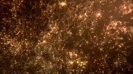 Effervescent golden glitter particles, macroscopic shining bokeh and champagne sparks background. Festive and abstract shimmering magic bright Christmas event and New Year particles and twinkles wallp