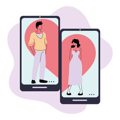 Canvas Print - smart phone with couple virtual relationship