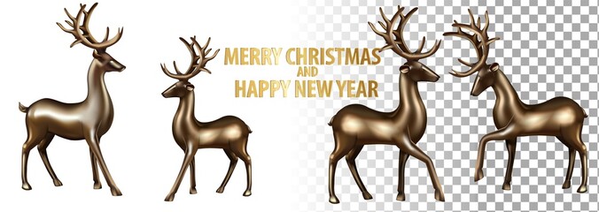 Merry Christmas Happy New Year deer greeting card illustration, realistic 3d solid gold reindeer on white background with festive typography quote and blur lights.