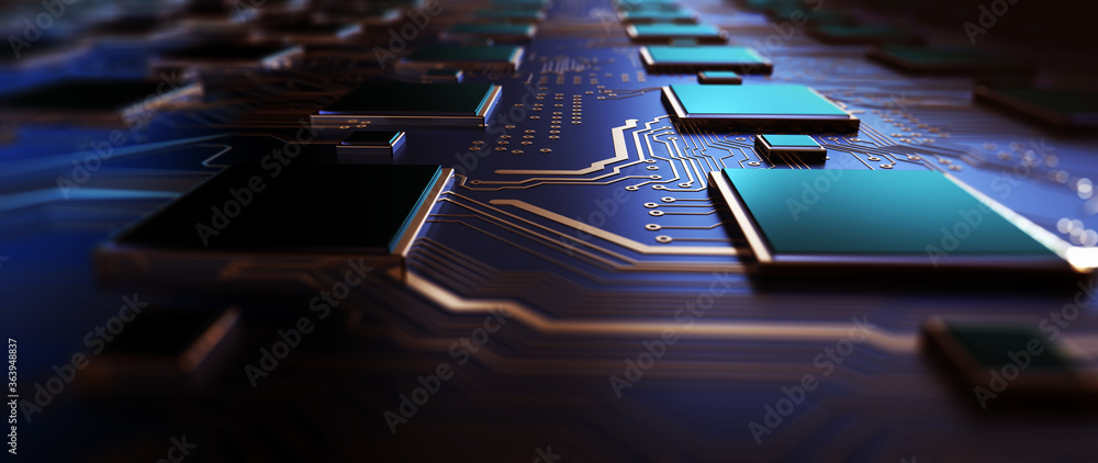 Printed circuit board futuristic server/Circuit board futuristic server code processing. Orange,  green, blue technology background with bokeh. 3D Rendering - obrazy, fototapety, plakaty 