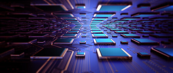 Wall Mural - Printed circuit board futuristic server/Circuit board futuristic server code processing. Orange,  green, blue technology background with bokeh. 3D Rendering
