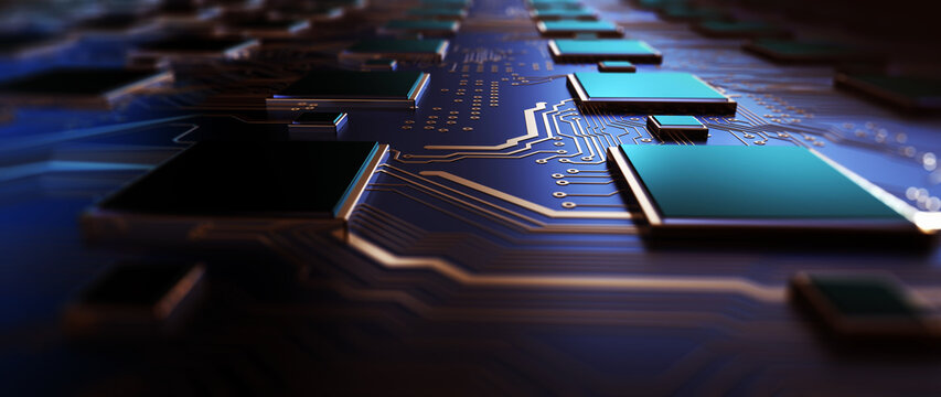 printed circuit board futuristic server/circuit board futuristic server code processing. orange, gre