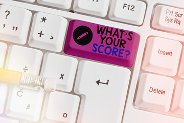 Conceptual hand writing showing What S Your Score Question. Concept meaning Tell Personal Individual Rating Average Results Statistics Colored keyboard key with accessories arranged on copy space