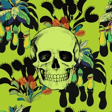 Seamless Pattern With Scull And Carnivorous Plants.