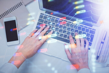 Fototapete - Double exposure of woman hands working on computer and data theme hologram drawing. Top View. Technology concept.