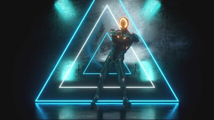 Dancing alien robot on a metal background with bright neon lights. The concept of joy and victory. Seamless loop 3d render