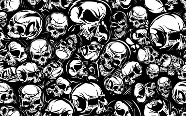 black vector seamless pattern with skulls, illustration set. hand-drawn art for t-shirts, clothes, h