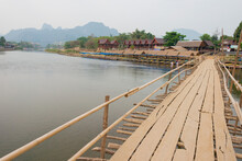 Bridge Over The Nam Song River. A Famous Landscape In Vang Vieng, Vientiane Province, Laos.