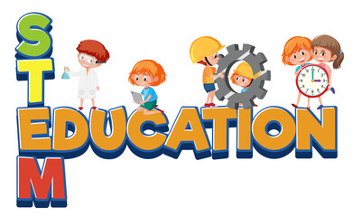 Wall Mural - Stem education logo with kids wearing engineer costume isolated