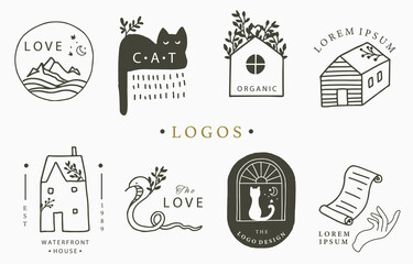 Wall Mural - Beauty occult logo collection with hand, flower,house,cat,mountain.Vector illustration for icon,logo,sticker,printable and tattoo