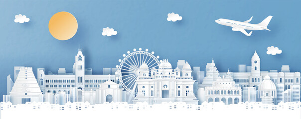 Fototapete - Panorama view of Chennai, India with temple and city skyline with world famous landmarks in paper cut style vector illustration