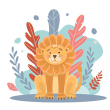 Vector Illustration Of A Cute Lion Sitting And Looking At The Center. Cute Children S Illustration For Books, Printing On T-shirts, Clothes, Mugs, Postcards. Children S Print In Delicate Colors