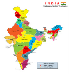 Poster - India map. States and union territories of India. India political map with capital New Delhi, national borders, important cities, rivers and lakes. English labeling and scaling. Illustration.