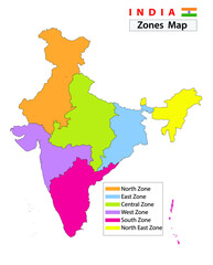 Poster - India map. Zones and regions. Administrative map and divisions of India. Sub-national administrative units of India. Zonal Councils and regions of India. Political Map.