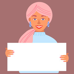 Beautiful young woman holding a blank poster,empty sheet of white paper or board. joyful female cartoon character demonstrate blank banner.Colorful vector illustration in flat style.Isolated on purple