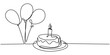 Continuous line drawing of birthday cake. A cake with sweet cream and candle. Celebration birthday party concept isolated on white background. Hand drawn vector design illustration
