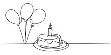 Continuous Line Drawing Of Birthday Cake. A Cake With Sweet Cream And Candle. Celebration Birthday Party Concept Isolated On White Background. Hand Drawn Vector Design Illustration