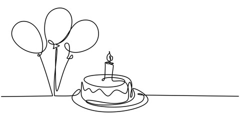 Wall Mural - Continuous line drawing of birthday cake. A cake with sweet cream and candle. Celebration birthday party concept isolated on white background. Hand drawn vector design illustration