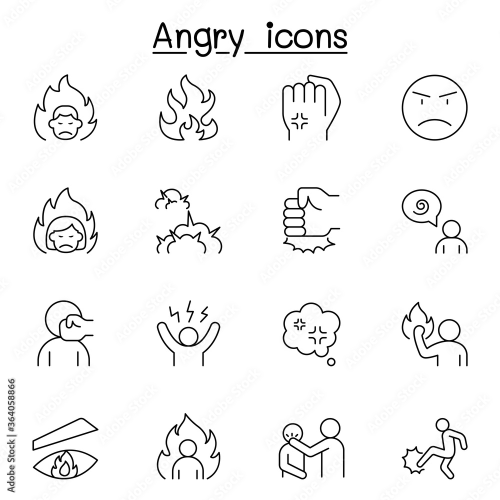 Angry icon set in thin line style Stock Vector | Adobe Stock