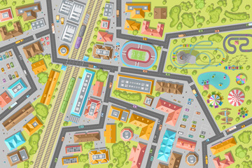 Wall Mural - City top view. Streets, houses, buildings, roads, crossroads, park, station, stadium, trees, cars. (view from above) 