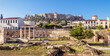 Panorama of Library of Hadrian overlooking Acropolis, Athens, Greece. It are famous tourist attractions of city. Urban landscape of Athens