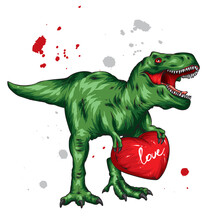 Dinosaur. Bright Vector Illustration. Cartoon Reptile. Tyrannosaur. Print On Clothes, Drawing For Postcards. Hipster. Valentine's Day, Love, Heart.