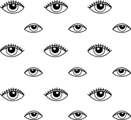 Abstract seamless pattern with magical eyes in doodle style. Stylized modern print for textile, fabric, clothes, wallpaper,  packaging, design. Black outlines isolated on a white background. Vector.