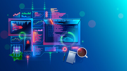 Leinwandbilder - Concept of programming, coding computer software. Program development technology. Learning create web applications of mobile devices. Code smartphone app or tablet. Top view on desk of programmer.