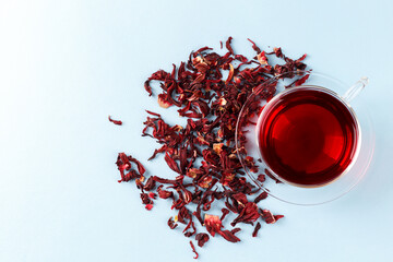 Healthy hibiscus tea in transparent cu