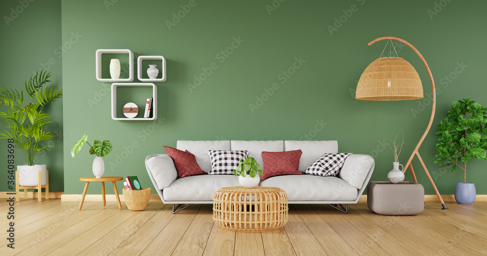 Modern home decor with stylish sofa and rattan furniture on green wall background, 3d rendering - obrazy, fototapety, plakaty 