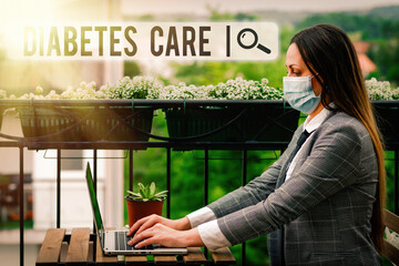 Writing note showing Diabetes Care. Business concept for prevent or treat complication that can result from the disease Promoting health awareness with set of medical precautionary equipment