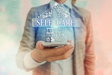 Wall Mural - Text sign showing Self Care. Business photo showcasing the practice of taking action to preserve or improve one s is health Information digital technology network connection infographic elements icon
