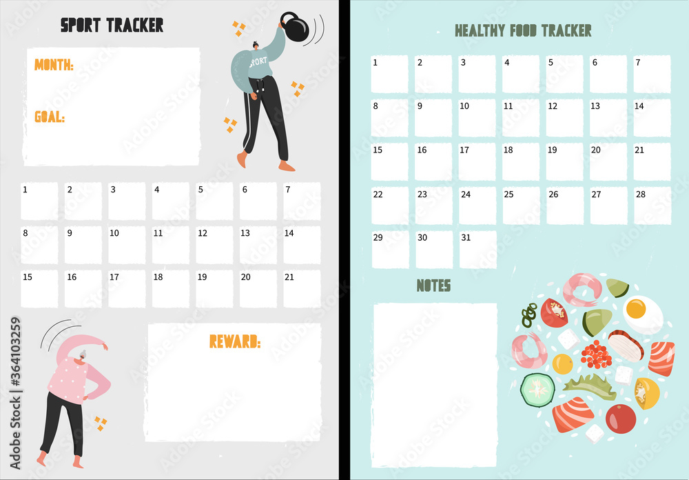 Cute vector sport and healthy food trackers with place for notes. A ...