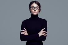 Cute Student Girl Wearing Black Turtleneck Sweater And Stylish Eyeglasses