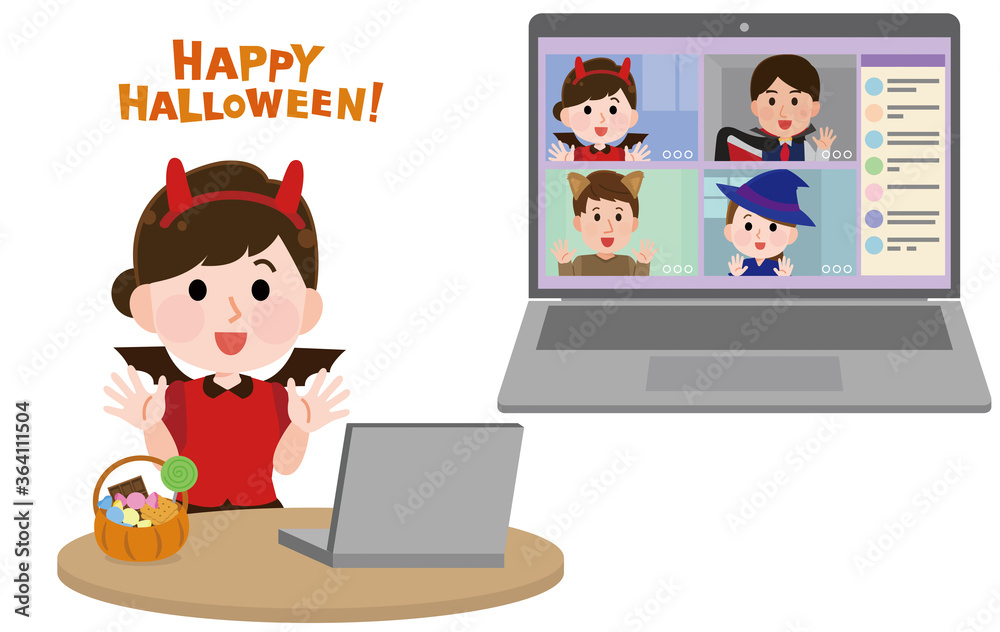 オンラインでハロウィンパーティする 男女 イラスト Wall Mural こけ田