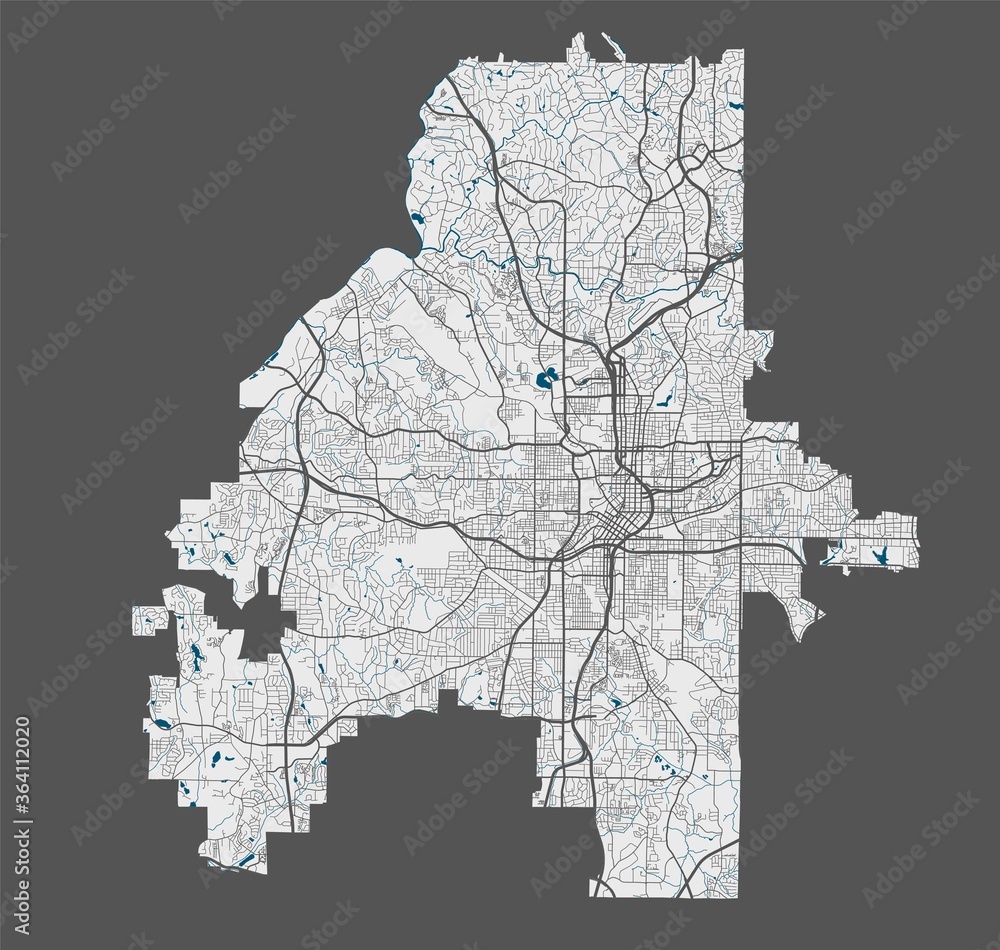 Atlanta map. Detailed map of Atlanta city poster with streets, water ...