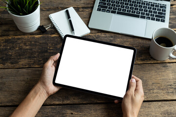 Mockup image tablet, man hand holding tablet pc with blank white screen