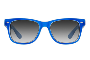 Poster - Sunglasses with a blue plastic frame and black lenses isolated on white background.