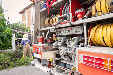 Selective focus shot of a fire engine with equipment in it